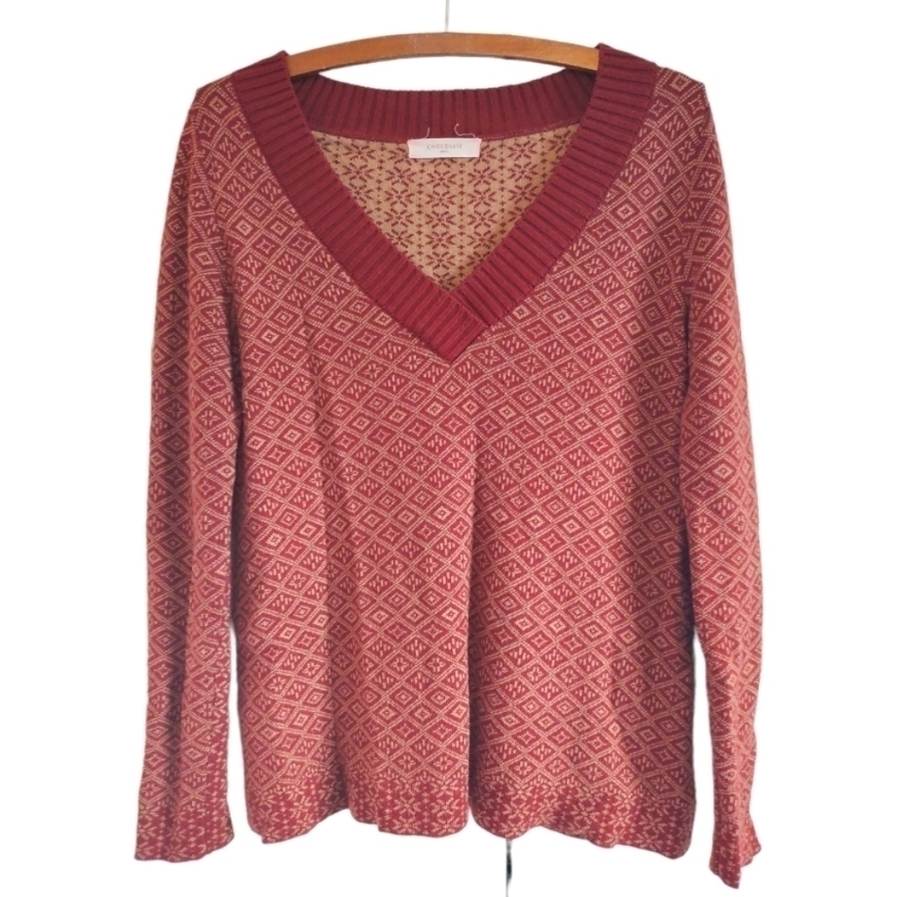 Vintage Cashmere Wool blend V neck sweater maroon & gold size 42 (12/14 L/XL)**